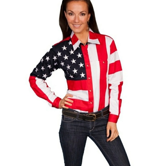 Scully American Flag Patriotic Embroidered Stars Button Down Long Sleeve Top - Picture 1 of 8